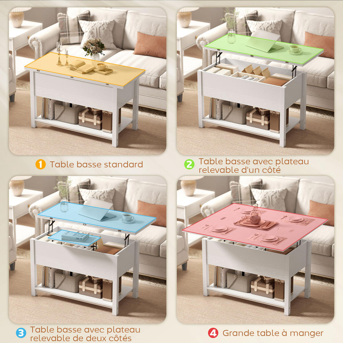 COUCHTISCH DE-15815 klappbar Weiß - Weiß, Holzwerkstoff (100/90/63.5cm) - ComfortXL