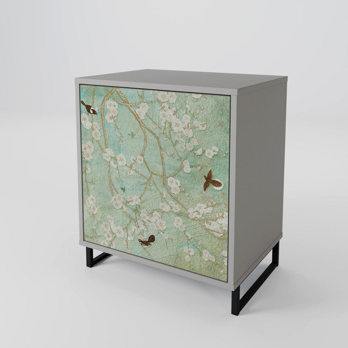 SIDEBOARD BLOOMING CHARM, Grau, 57,5x42x72,5 cm, Schwarze Metallfüße - Multicolor/Schwarz, Holzwerkstoff/Metall (57.5/72.5/42cm) - SpaceRebels