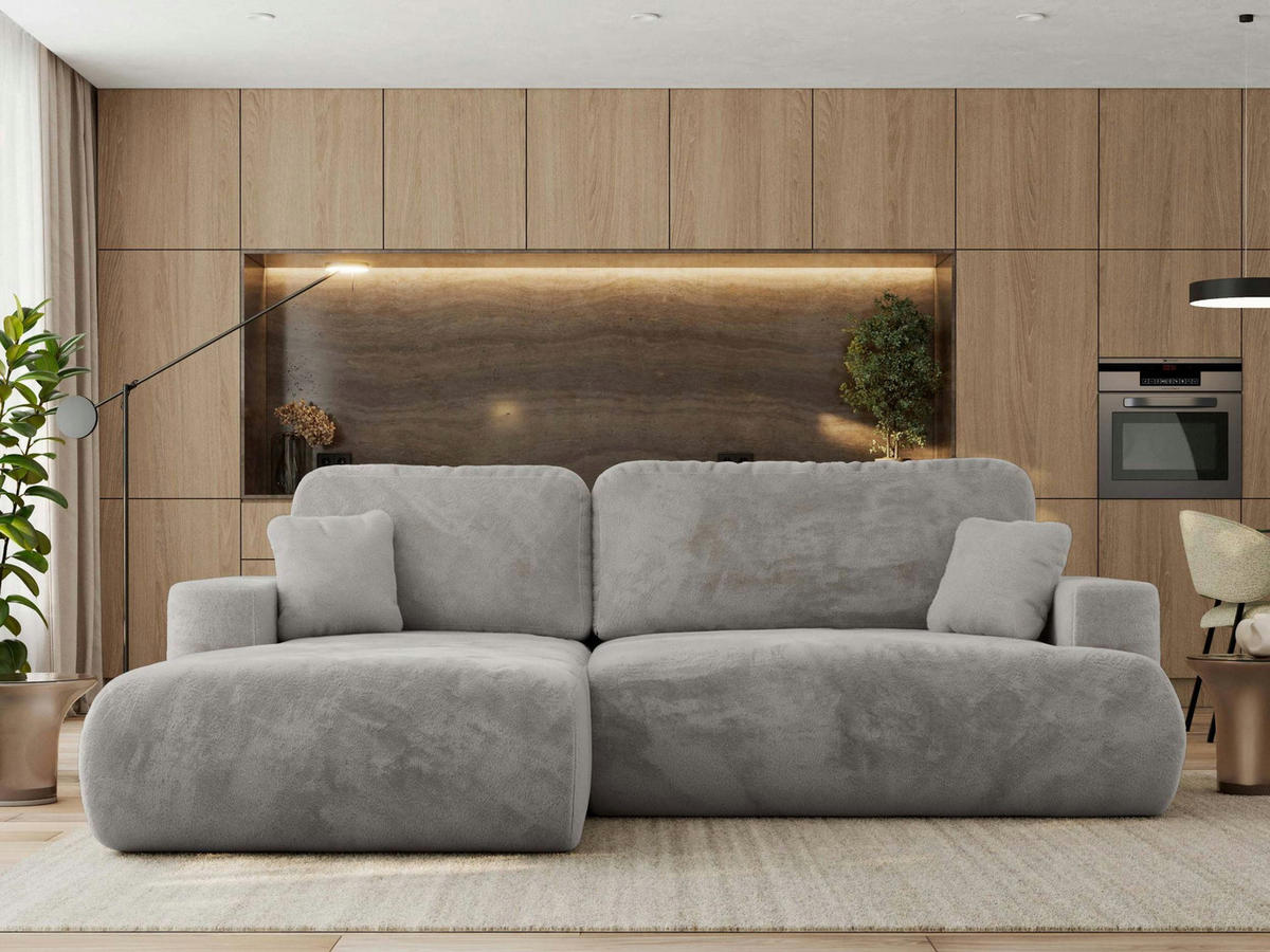 ECKSOFA OVO L Hellgrau Plüsch - Links Seite - Hellgrau/Schwarz, Kunststoff/Textil (271/195cm) - MKS