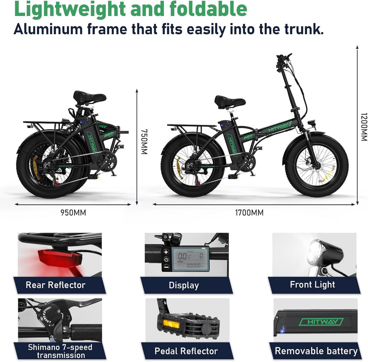 E-BIKE BK11M Klapprad 20 × 4,0 Zoll mit 48V15Ah Akku Max 45-100km - Grün, Metall (30cm) - HITWAY