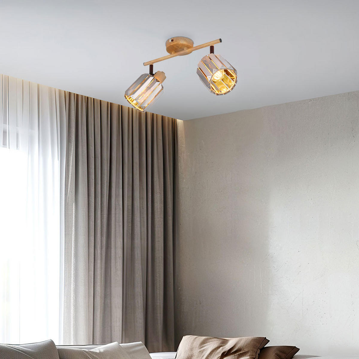 DECKENLEUCHTE Kristall Rauch Holzoptik 2-flammig - Grau, Metall (33/9/15cm) - Nowa