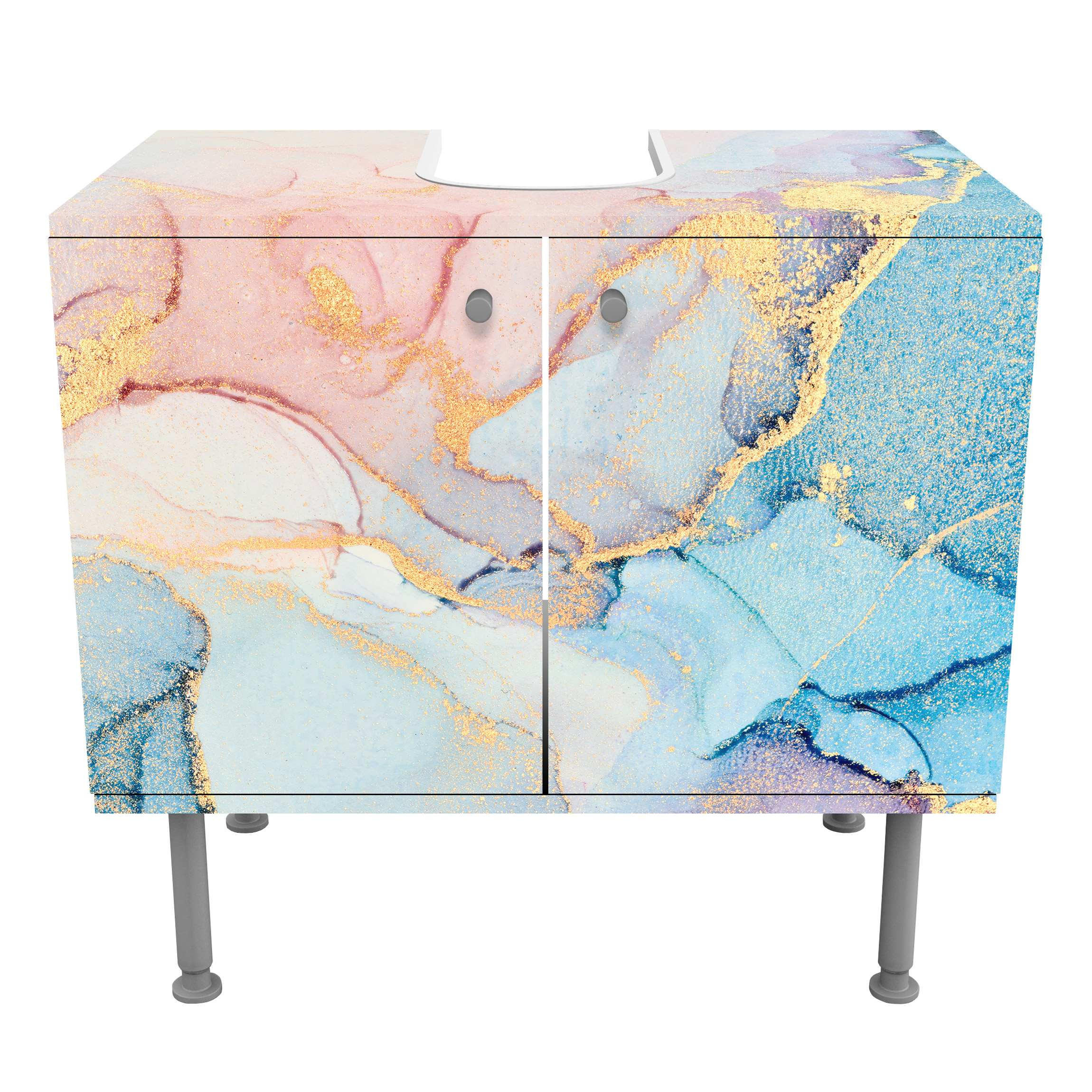WASCHBECKENUNTERSCHRANK Aquarell Pastell Bunt mit Gold 60/55/35 cm - Pastellblau, Holzwerkstoff (60/55/35cm) - Bilderwelten