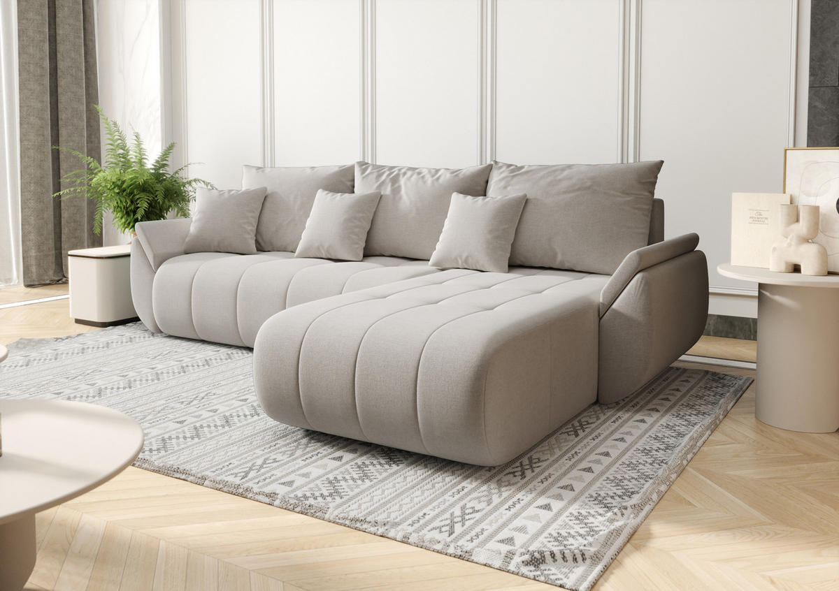 ECKSOFA Mit Schlaffunktion Und Bettkasten TOKYO, Stoff WIND, Beige, Rechts - Beige, Holz (280/190cm) - Kaiser Möbel