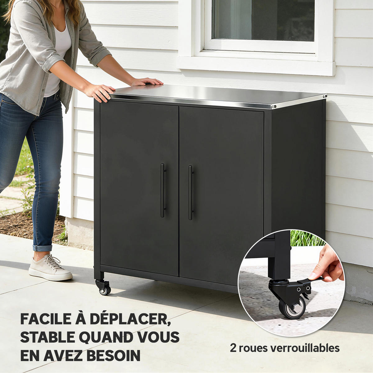 METALLSCHRANK DE-17623 Edelstahl-Arbeitsplatte mit Rollen Schwarz - Schwarz, Metall (50/90/80cm) - ComfortXL