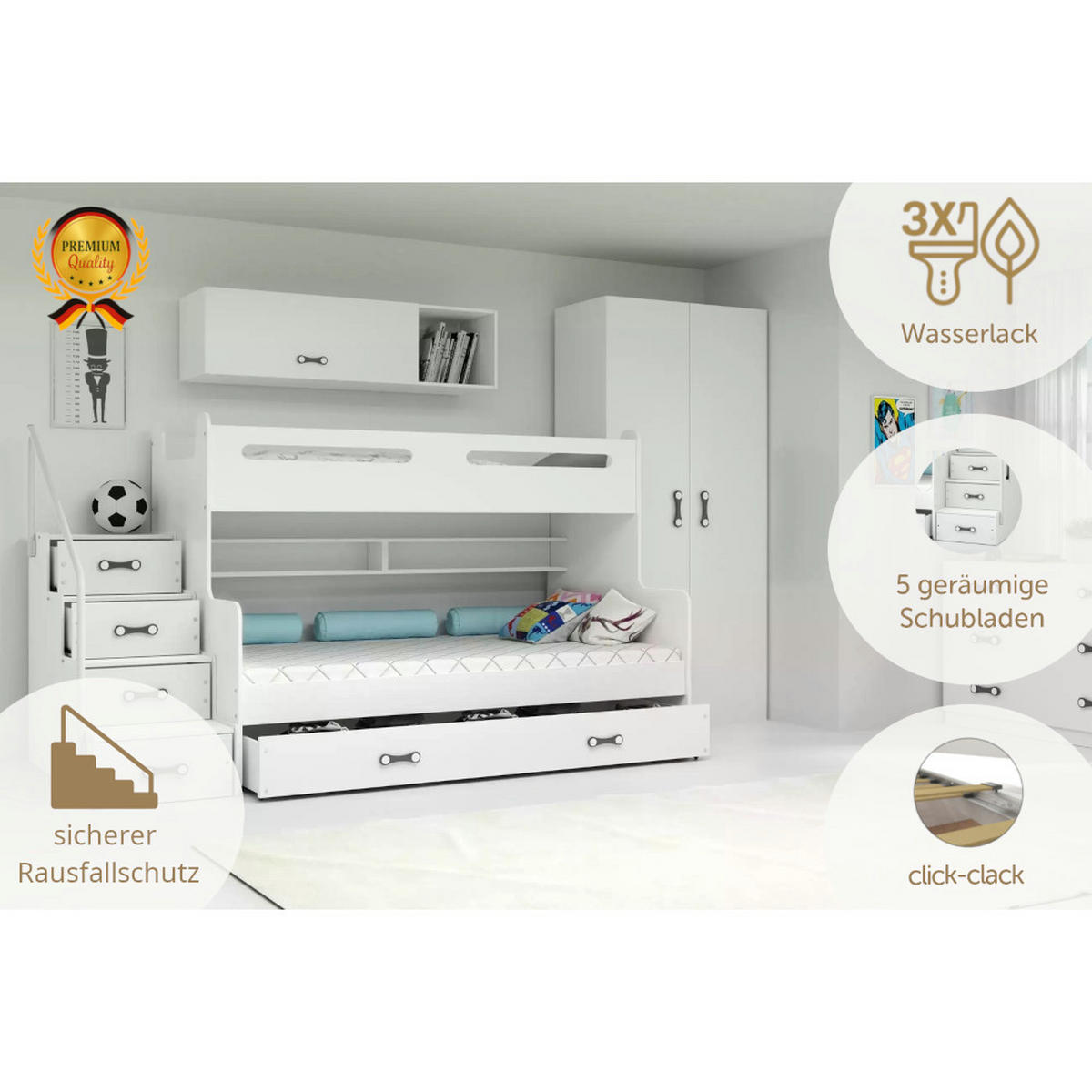 ETAGENBETT Max 3 200x80cm / 200x120cm mit Schublade und Lattenrost - Weiß, Holzwerkstoff (120/200cm) - Interbeds