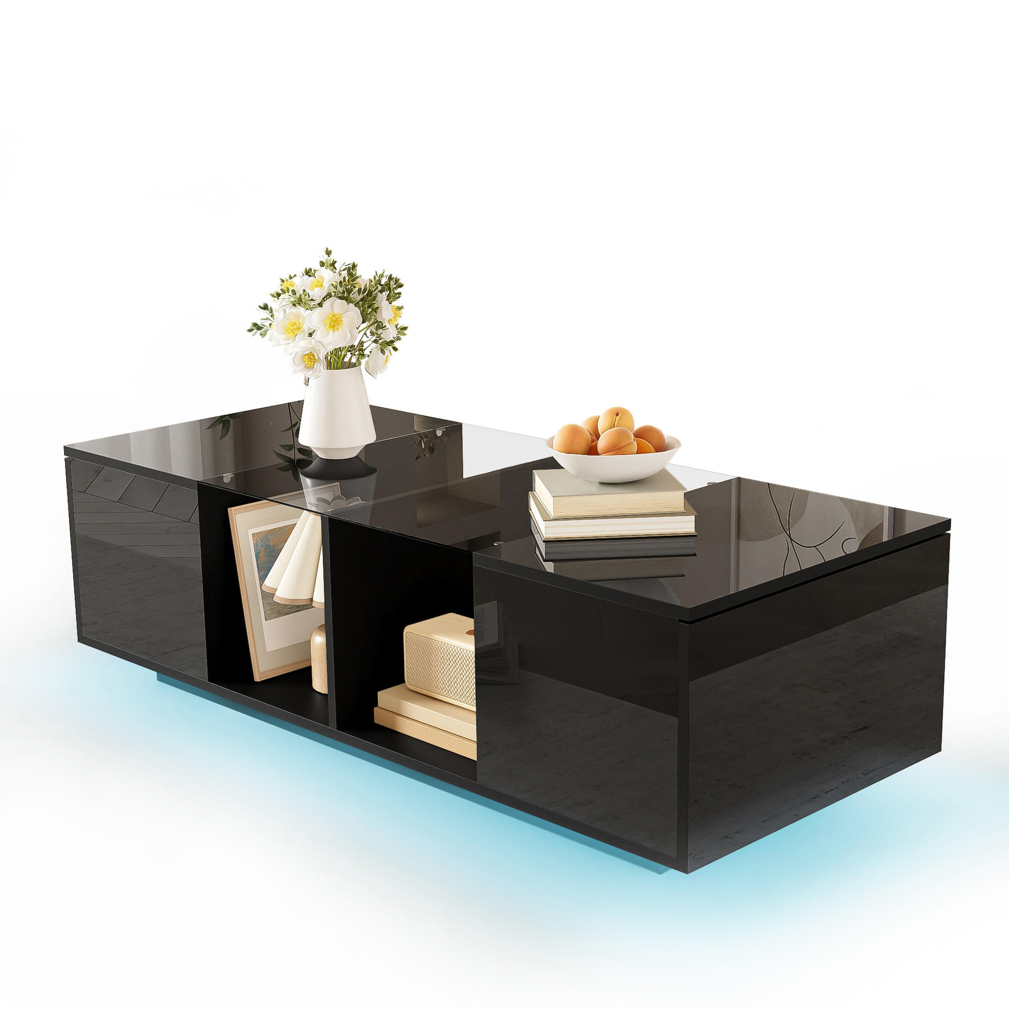 STILVORA KONFERENČNÍ STŮL v černé barvě s LED osvětlením a lesklou deskou do obýváku, 120×50×38,5 cm