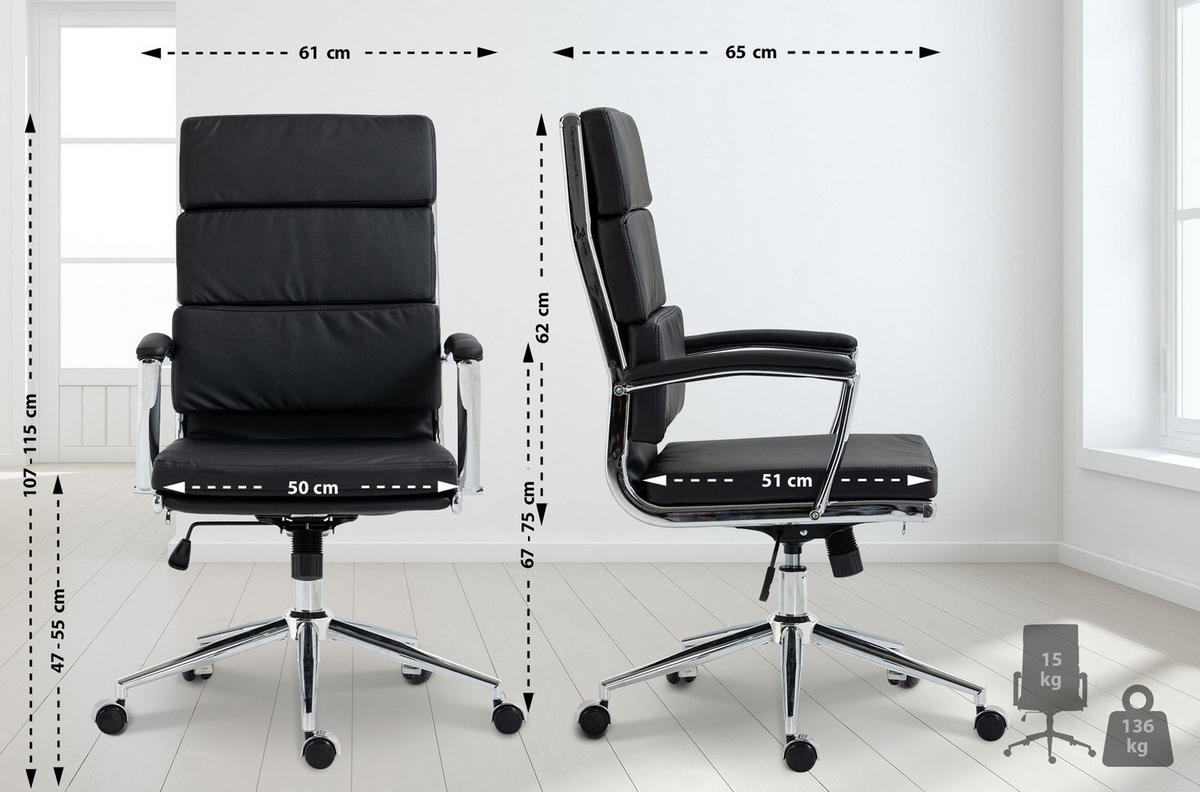 BÜROSTUHL Cyron Kunstleder schwarz - Chromfarben/Schwarz, Metall (61/115/65cm) - TPFLiving