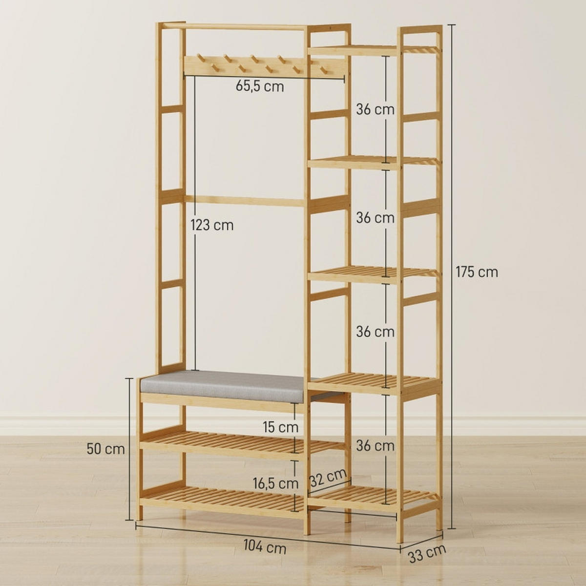 STANDGARDEROBE 104/33/175 cm mit 10 Haken, Schuhablage, Sitzbank aus Bambus - Naturfarben, Naturmaterialien (104/175/33cm) - BEAOK