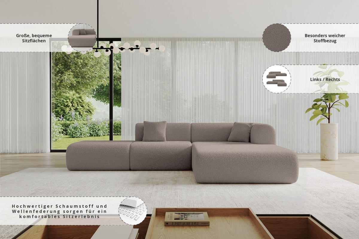 ECKSOFA Ottomane Rechts OVLY-L 289x176x71 Braun Bouclé - Schwarz/Braun, Holzwerkstoff/Kunststoff (289/176cm) - ALTDECOR