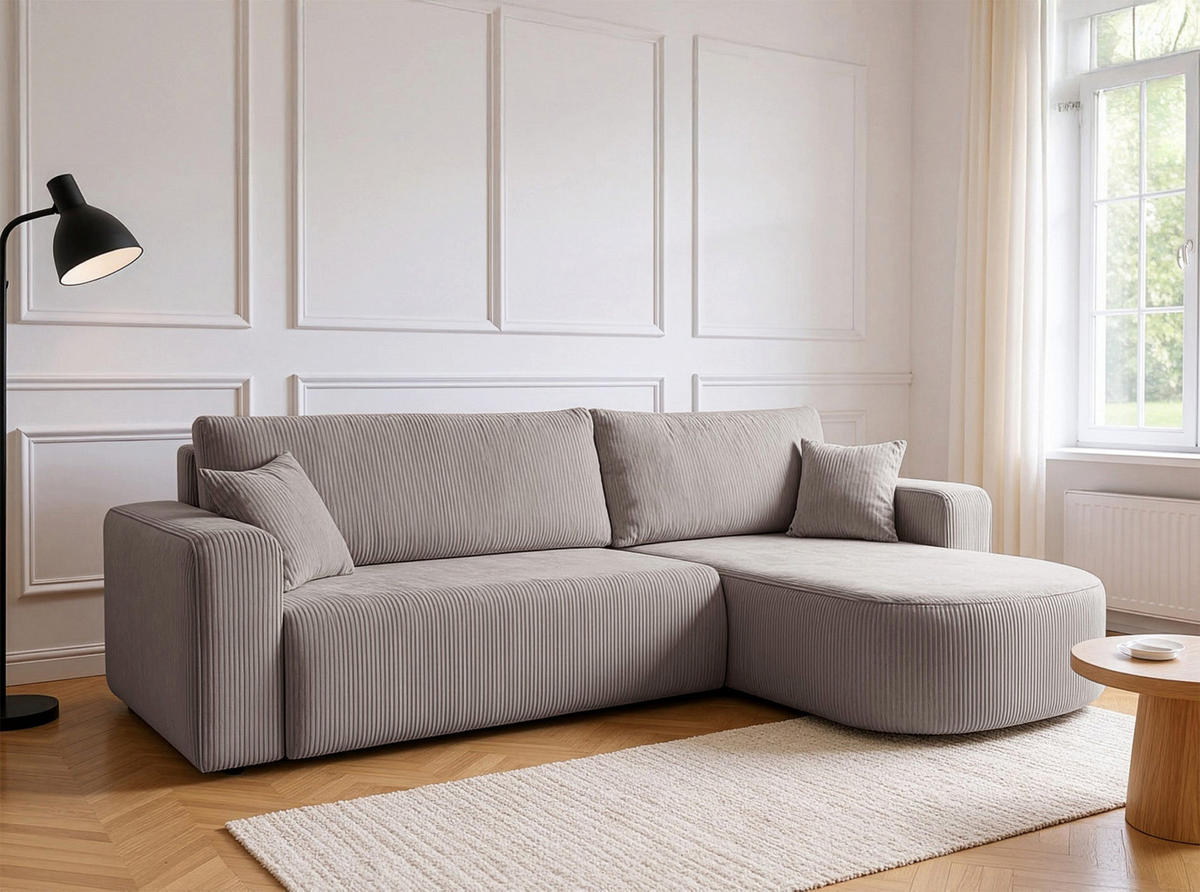 ECKSOFA mit Schlaffunktion Teeo L-Form universal mit Bettkasten Beige Cord - Beige/Schwarz, Kunststoff/Textil (275/170cm) - Homebook