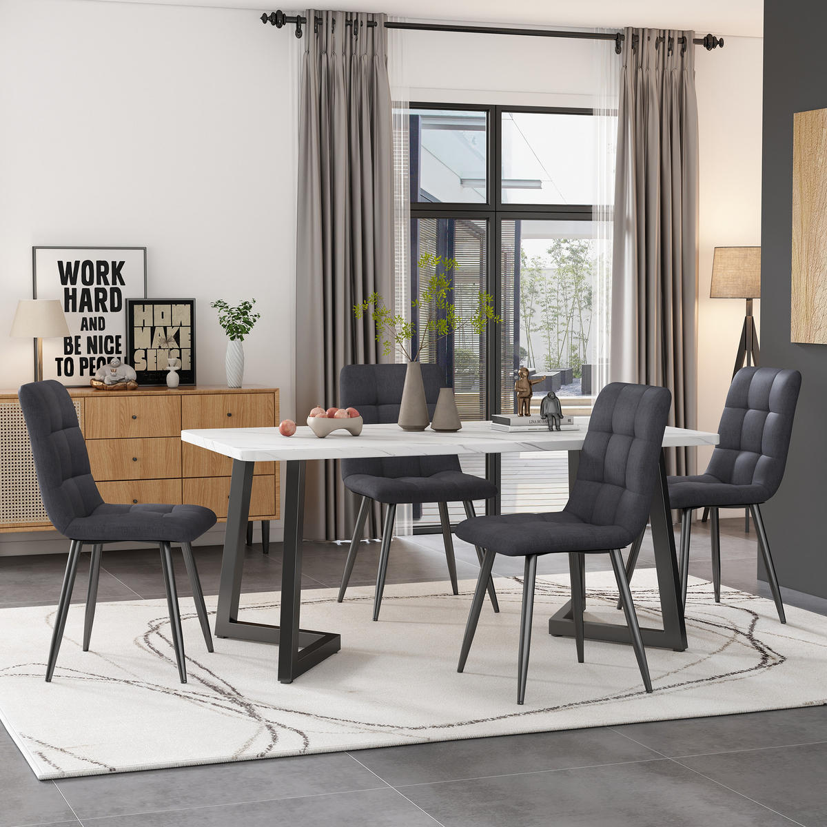 ESSTISCHSET 117 Cm Mit 4 Stühlen, Rechteckig, Dunkelgrau, Schwarz - Weiß, Holzwerkstoff (117/75/68cm) - FLIEKS