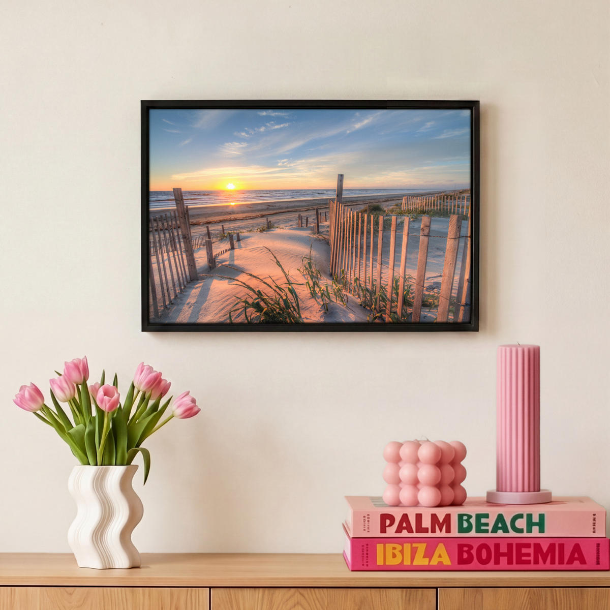 LEINWAND Bilder mit Rahmen - Strand - Meer - Düne - Sonnenuntergang - Landschaft - 30x20 - Beige, Textil (30/20cm) - MuchoWow