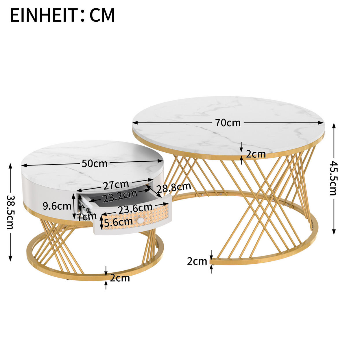COUCHTISCH-SET Weiß Gold mit Rattan-Schublade - Weiß, Metall (70/70/45cm)