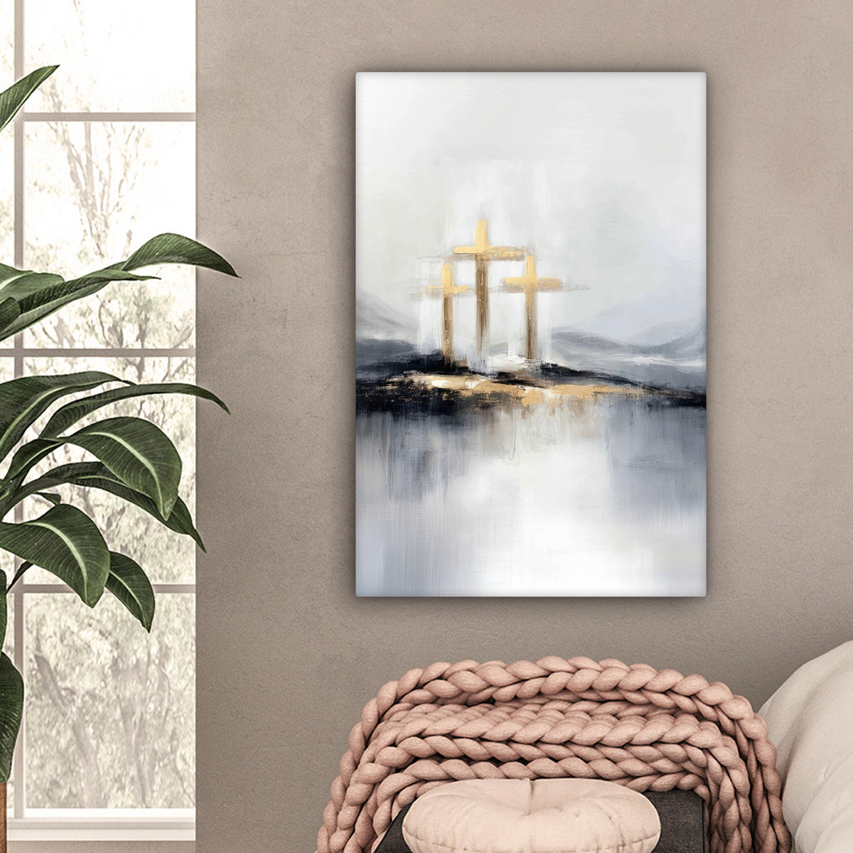 LEINWANDBILD Abstrakt - Malerei - Christentum - Kreuz Wanddeko 40x60 cm - Weiß, Textil (40/60cm) - MuchoWow