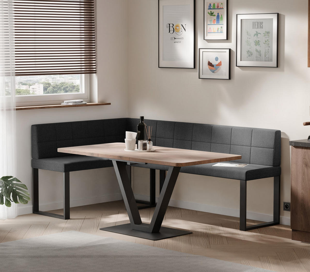 ECKBANK links SANA U Webstoff gesteppt, 142/196 cm Anthrazit - Anthrazit, Textil/Metall (142/196cm) - Idohome