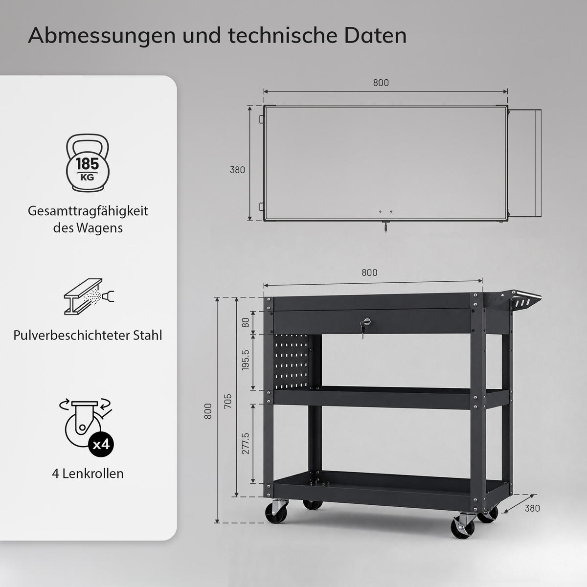 WERKSTATT-WERKZEUGWAGEN FRED 80x80x38 cm - Anthrazit, Metall (80/80/38cm)