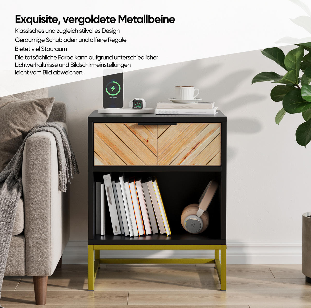 NACHTTISCH aus MDF mit Schublade & offenem Fach, 39,8/42,9/55,1 cm, Schwarz/Natur - Schwarz, Holzwerkstoff (39.8/55.1/42.9cm) - Redom
