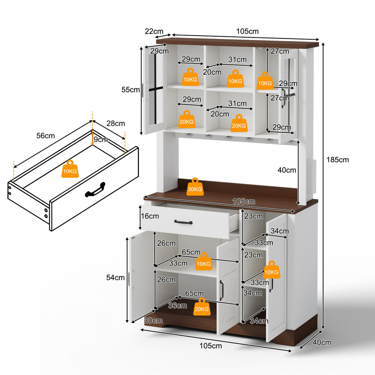 BUFFET aus MDF 105x40x185 cm Natur/Weiß mit LED-Beleuchtung, Steckdosenmodul und verstellbaren Einlegeböden - Naturfarben, Holzwerkstoff (105/185/40cm) - Modfu