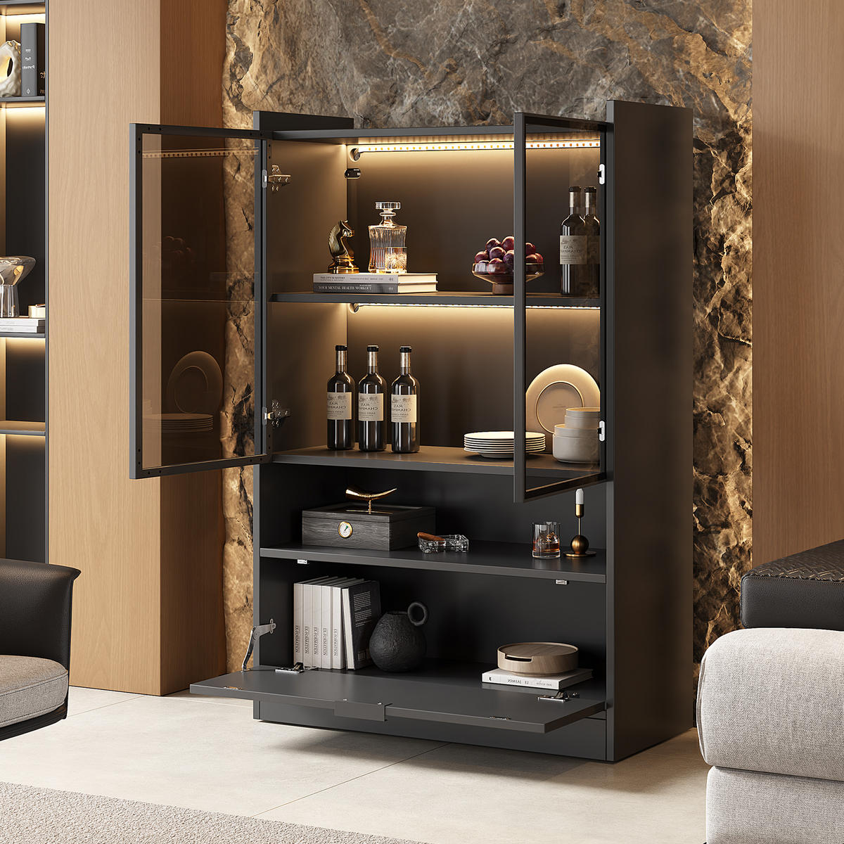 VITRINE Schwarz 80/35/120 cm - Schwarz, Holzwerkstoff (80/120/35cm) - PANGIVO