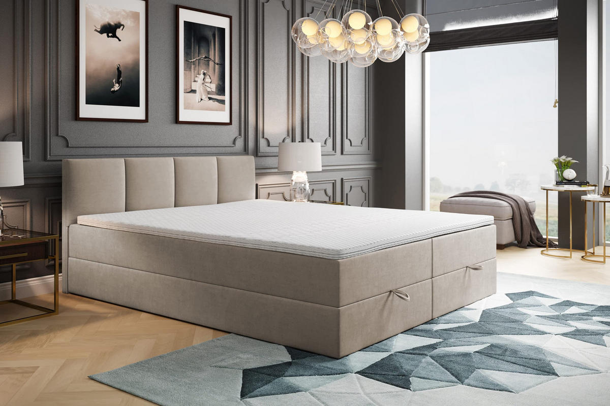 BOXBETT mit Bettkasten und Bonellmatratze - ROYAL - Elegant Bett mit Topper - 200x200 cm - Beige - Beige, Holzwerkstoff/Kunststoff (200/200cm) - Trada