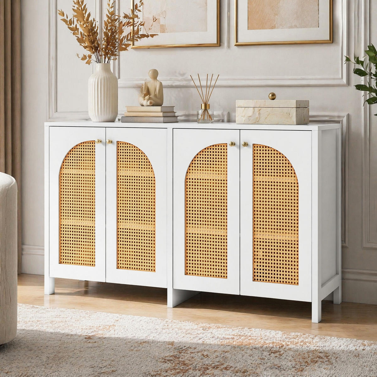 SIDEBOARD in Naturfarben und Weiß Anrichte mit 4 Rattantüren für Esszimmer, Küche und Wohnzimmer, B145/T80/H40 cm - Weiß/Naturfarben, Holzwerkstoff/Metall (145/80/40cm) - STILVORA