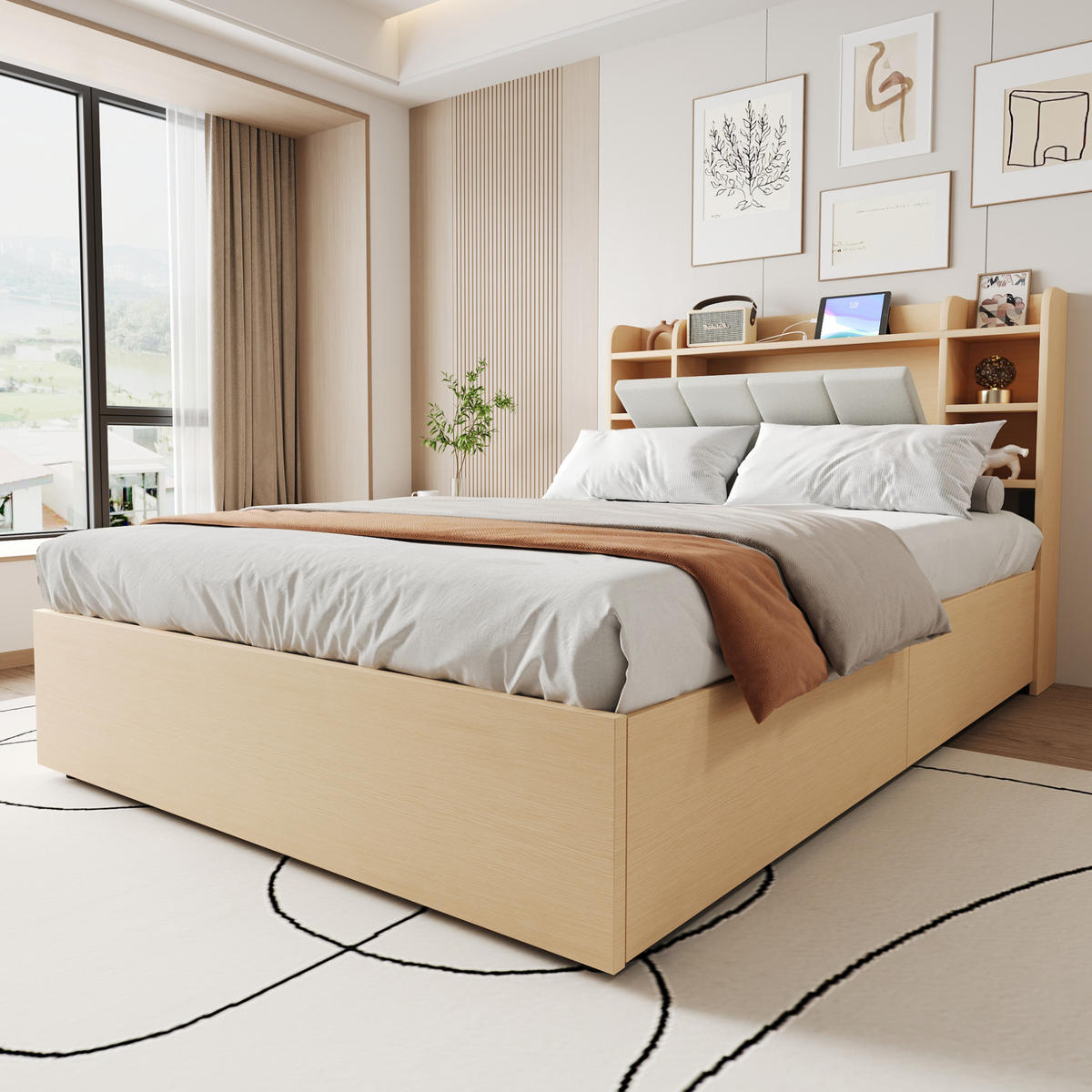 BETT 140/200 cm aus MDF mit USB-Anschluss, Naturholz - Naturfarben, Holzwerkstoff (140/200cm) - OKMYHOME
