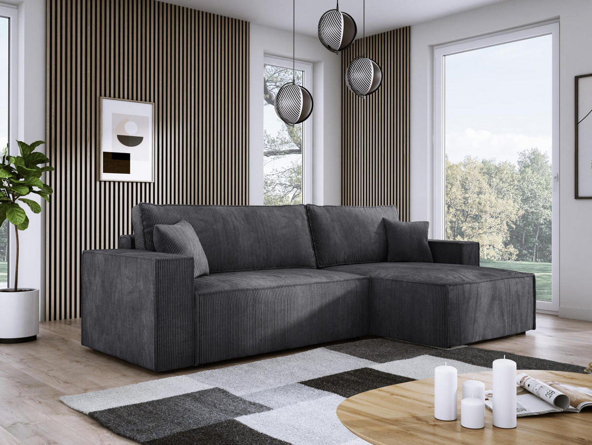 ECKSOFA POSO XL UNIVERSAL, Schlaffunktion und Lattenrost - L-Form, Cord, Federung auf Wellfedern, 274x143x83 cm, Rechts Graphite - Graphitfarben, Holz/Textil (277/143cm) - DomoHome