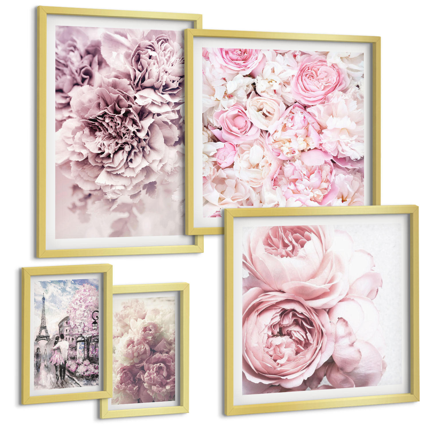 BILDER SET 5er Set - 50x50 cm & 20x30 cm & 40x60 cm Goldrahmen - Rosa Blumen, romantische Landschaft - Goldfarben, Kunststoff (40/60cm) - TULUP