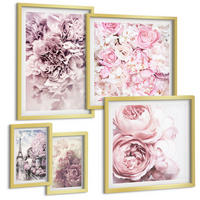 BILDER SET 5er Set - 50x50 cm & 20x30 cm & 40x60 cm Goldrahmen - Rosa Blumen, romantische Landschaft - Goldfarben, Kunststoff (40/60cm) - TULUP