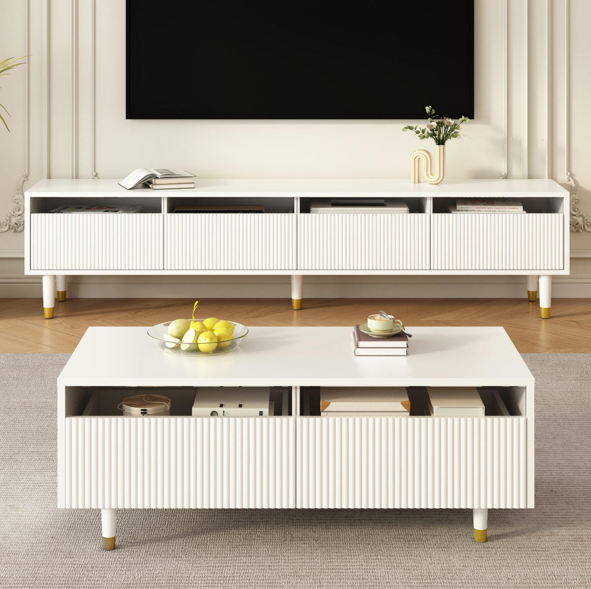OBÝVACÍ sestava 178/35/45 cm bílá z MDF s LED osvětlením a úložným prostorem - bílá, kompozitní dřevo (178/45/35cm) - OKWISH