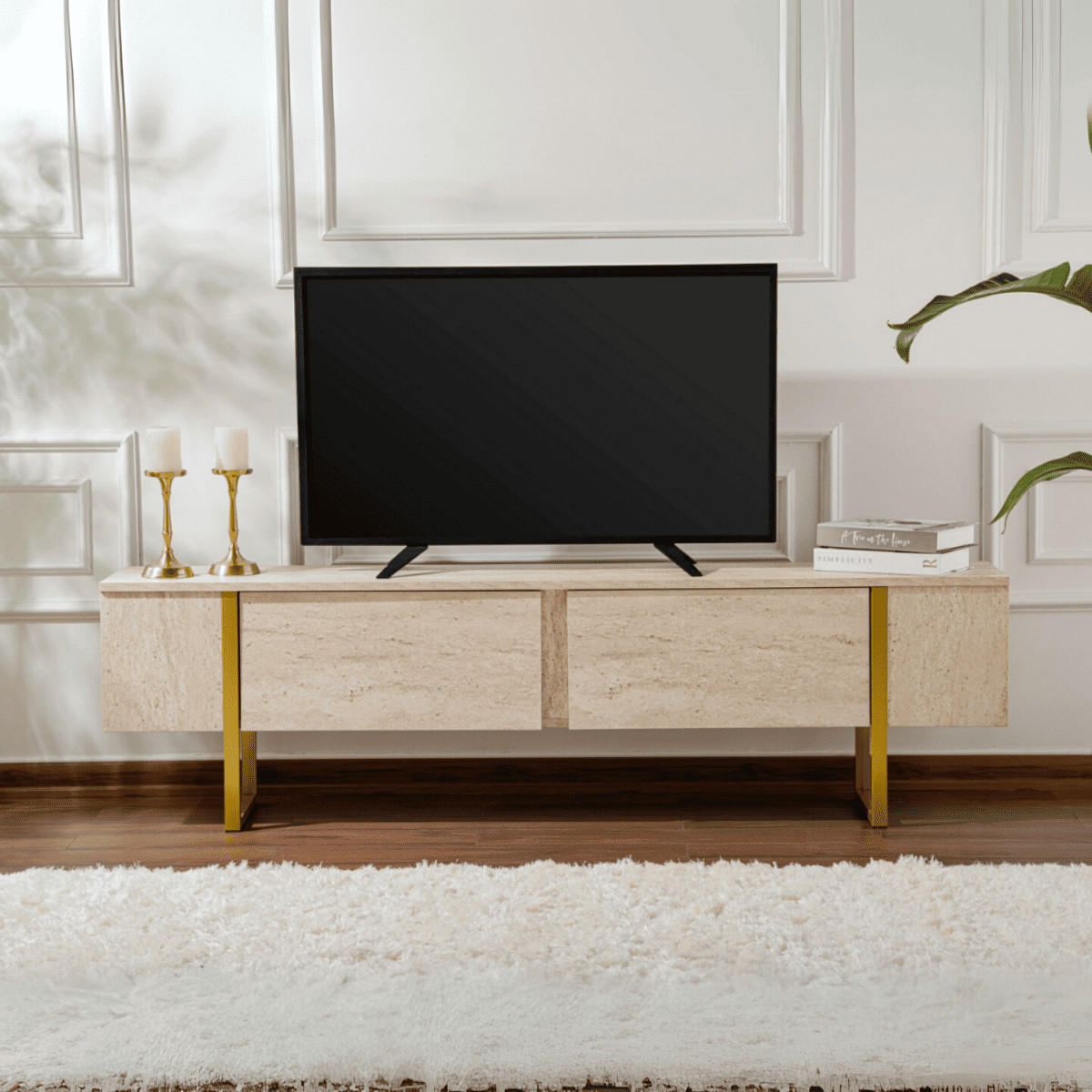 TV-MÖBEL serenity Travertin - Goldfarben, Holzwerkstoff (29.5/50/188cm) - Calicosy