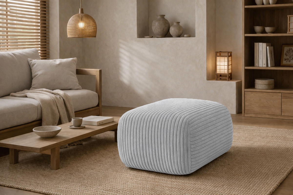 HOCKER Sitzpouf Für Wohnzimmer, Cordstoff Poso, Grün, BIS - Hellgrau, Holz (64/40/40cm) - Kaiser Möbel