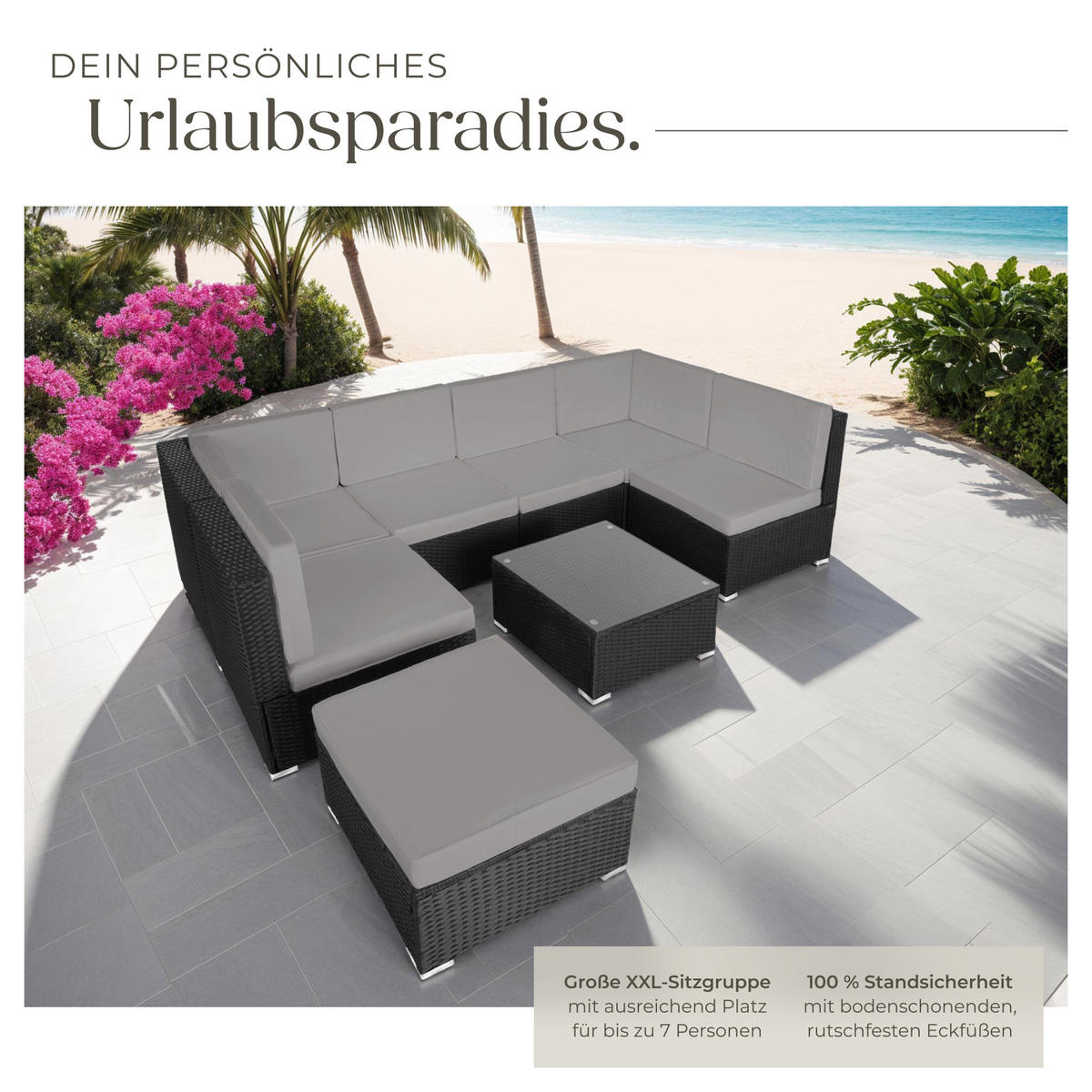 RATTANLOUNGE Venedig,mit Sicherheitsglasplatte,schwarz/grau - Schwarz/Grau, Kunststoff - tectake