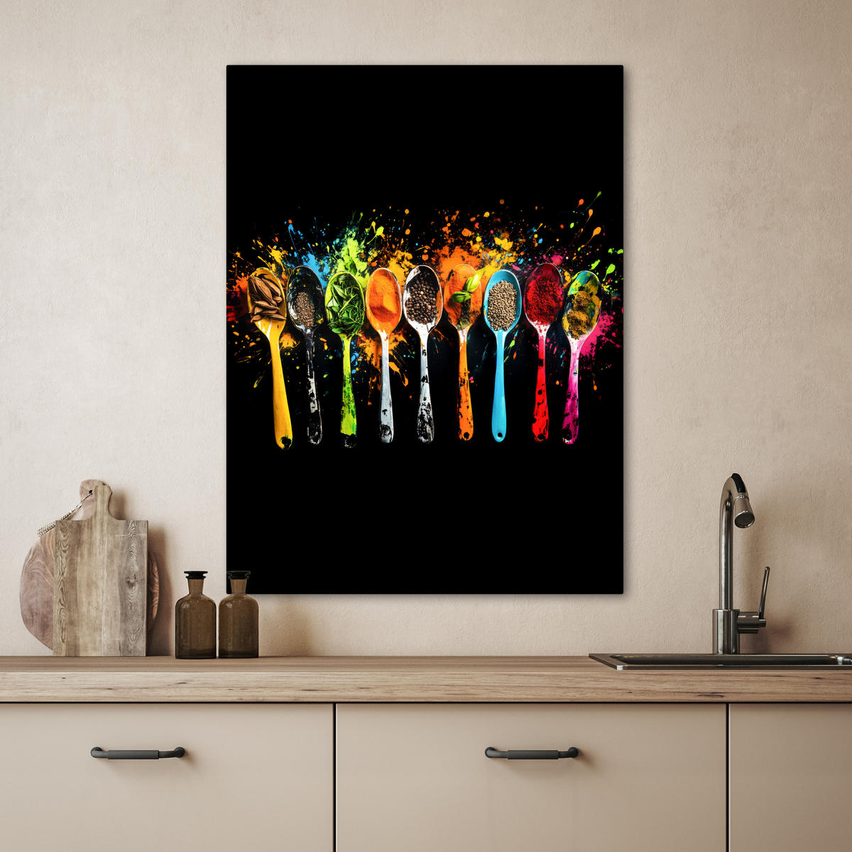 LEINWANDBILD Löffel - Gewürze - Modern - Graffiti - Farbe - Farbenfroh 60x80 cm - Multicolor, Textil (60/80cm) - MuchoWow