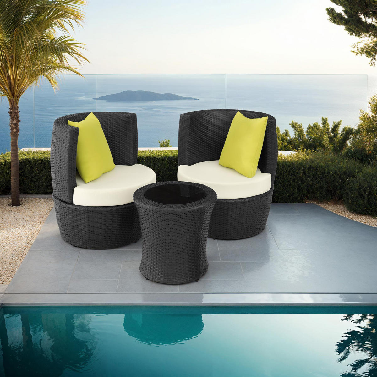 RATTAN SITZGRUPPE Nizza,stapelbar,schwarz - Schwarz, Kunststoff - tectake