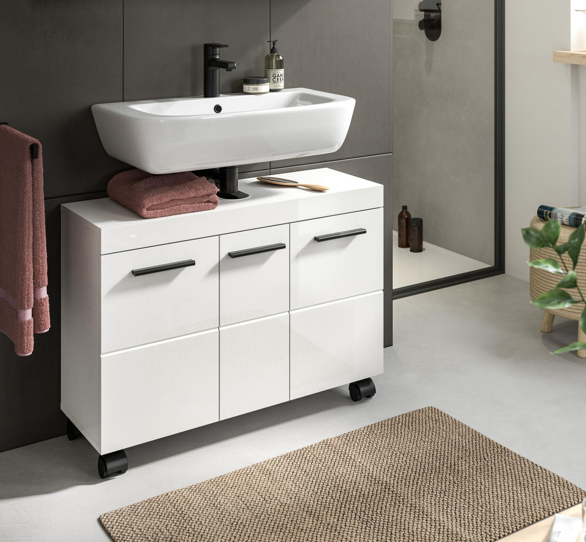 WASCHBECKENUNTERSCHRANK auf Rollen NOVA (B/H/T: ca. 80/58/30 cm) in Weiß/weiß hochglanz - Weiß, Holzwerkstoff (80/58/30cm)