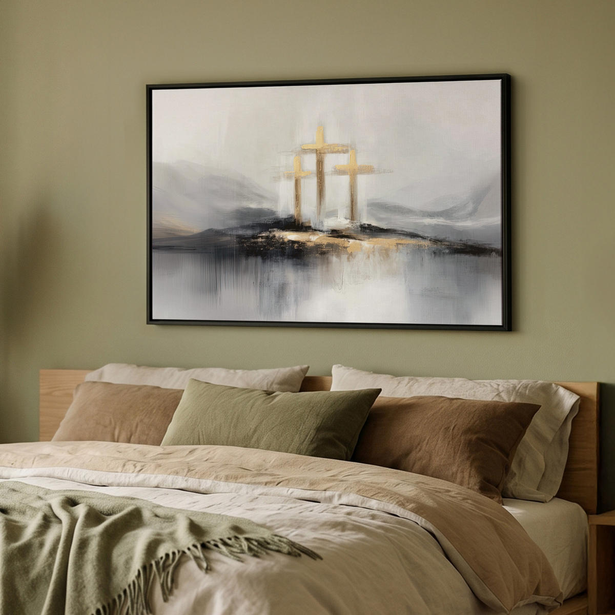 LEINWAND Bilder mit Rahmen - Abstrakt - Malerei - Christentum - Kreuz - 90x60 - Weiß, Textil (90/60cm) - MuchoWow