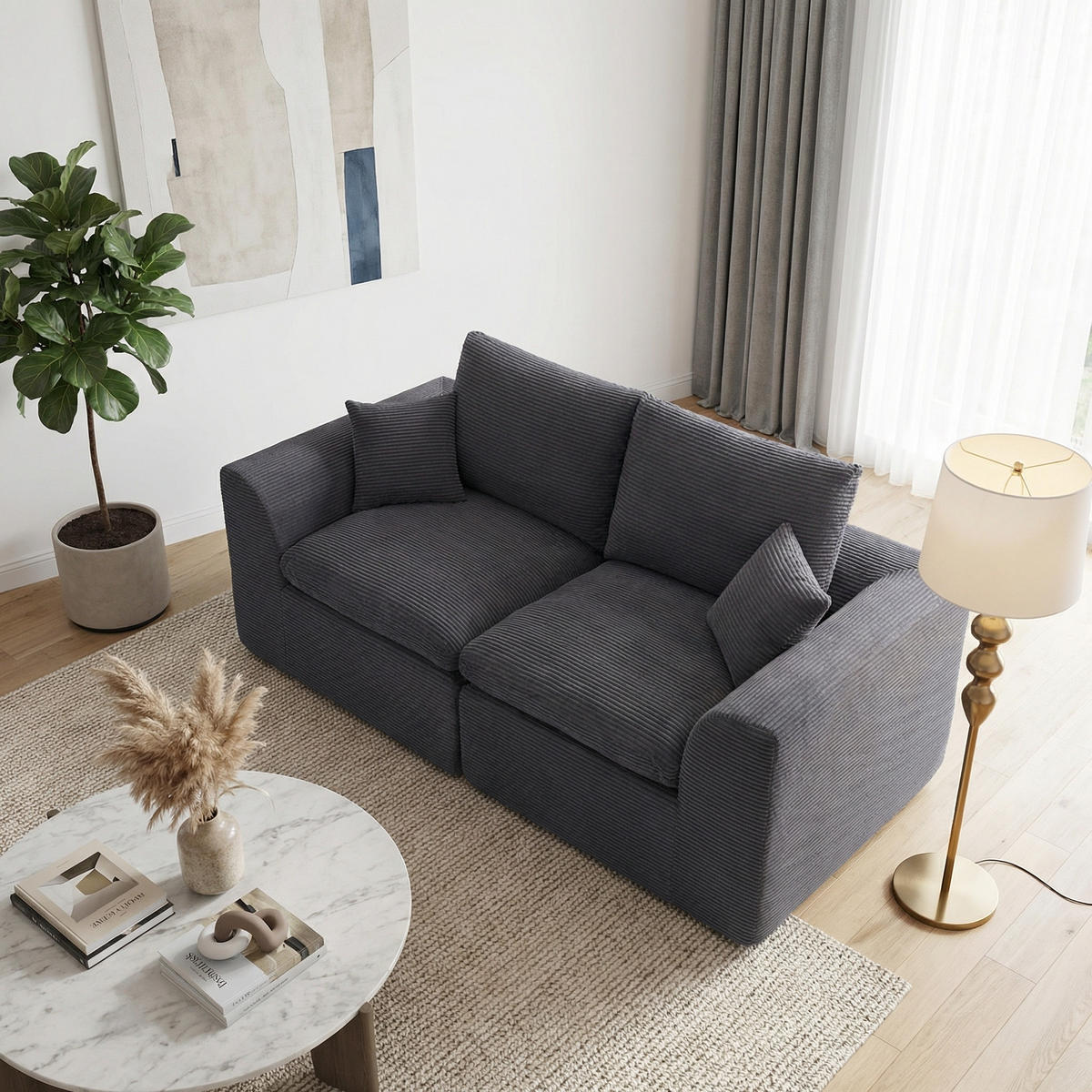 2-SITZER-SOFA XXL aus Cord mit Federkern-Polsterung Montagefrei - Dunkelgrau, Textil (204/84/102cm) - Urban Meuble