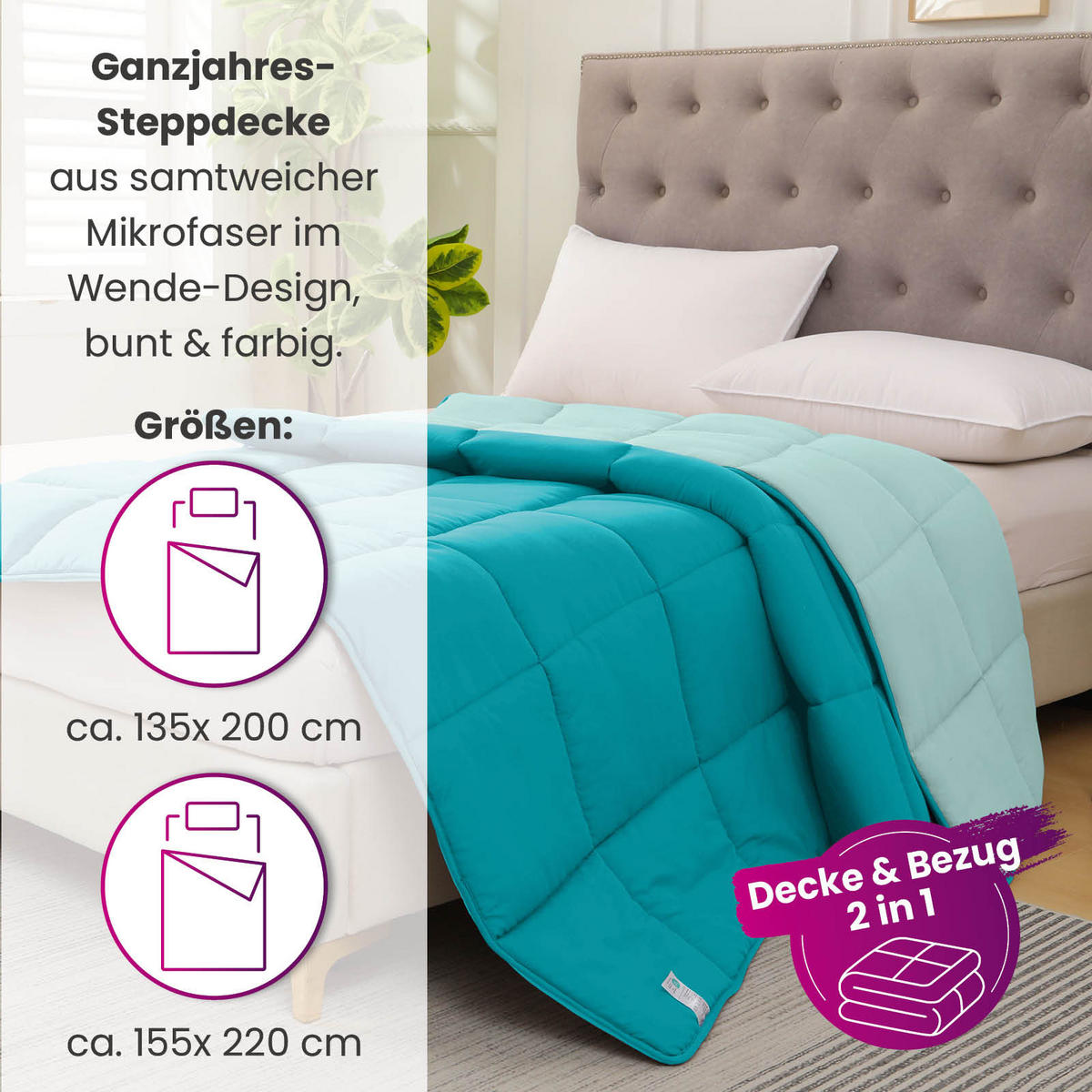 GANZJAHR Steppbett Bi-Color türkis 155x220 - Türkis, Textil (155/220cm) - wometo