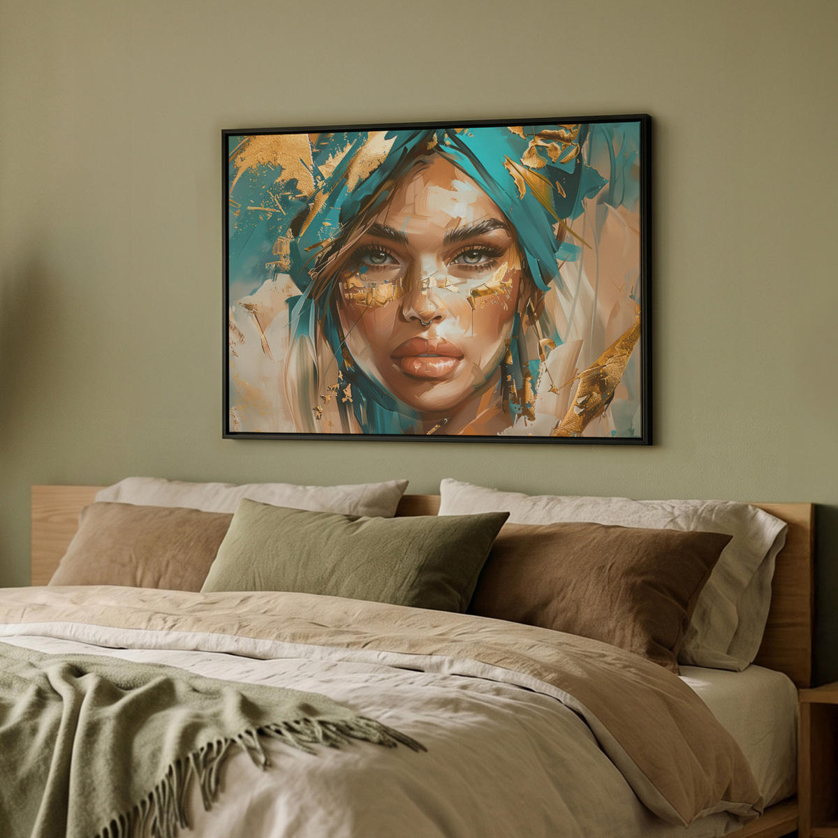 LEINWAND Bilder mit Rahmen - Frau - Porträt - Gold - Luxus - Blau - 70x50 - Türkis, Textil (70/50cm) - MuchoWow
