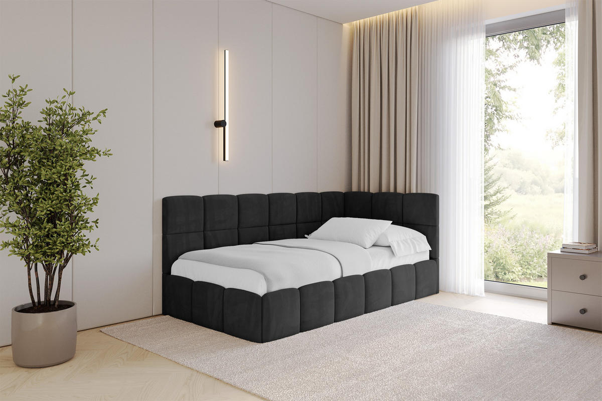 EINZELBETT Jugendbett mit Bettkasten Links, mit Matratze - LIVY 80x200 Schwarz - Schwarz, Holzwerkstoff/Textil (80/200cm) - ALTDECOR