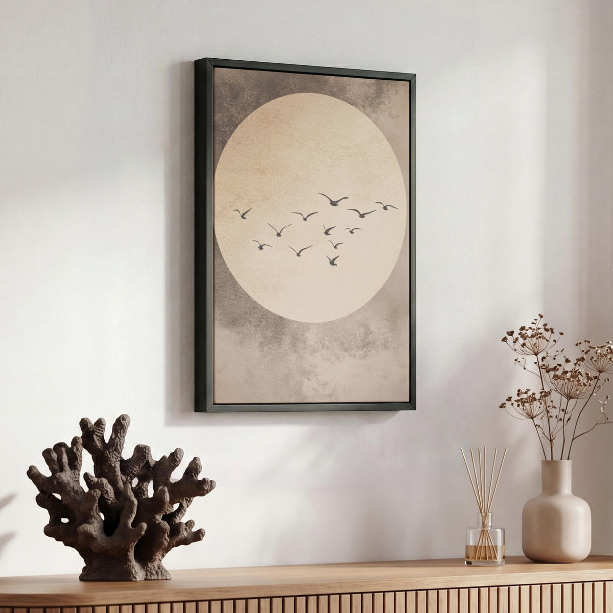 LEINWAND Bilder mit Rahmen - Vogel - Beige - Japanisch - 30x40 - Taupe, Textil (30/40cm) - MuchoWow