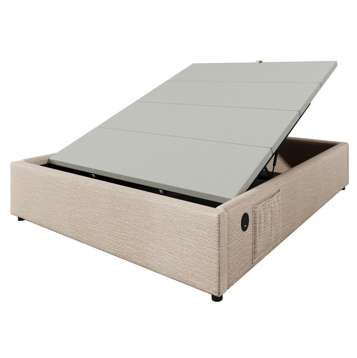 ČALOUNĚNÁ postel 140/200 cm béžová a přírodní z lnu, kovu a masivu s USB a úložným prostorem - béžová, textil (140/200cm) - OKWISH