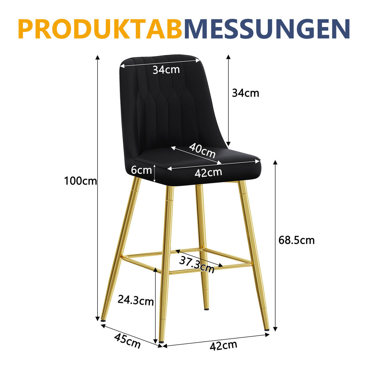 BARHOCKER 2er-Set 100 cm PU-Leder Schwarz mit Metallgestell Goldfarben - Goldfarben, Metall (45/100/42cm) - Meubliv