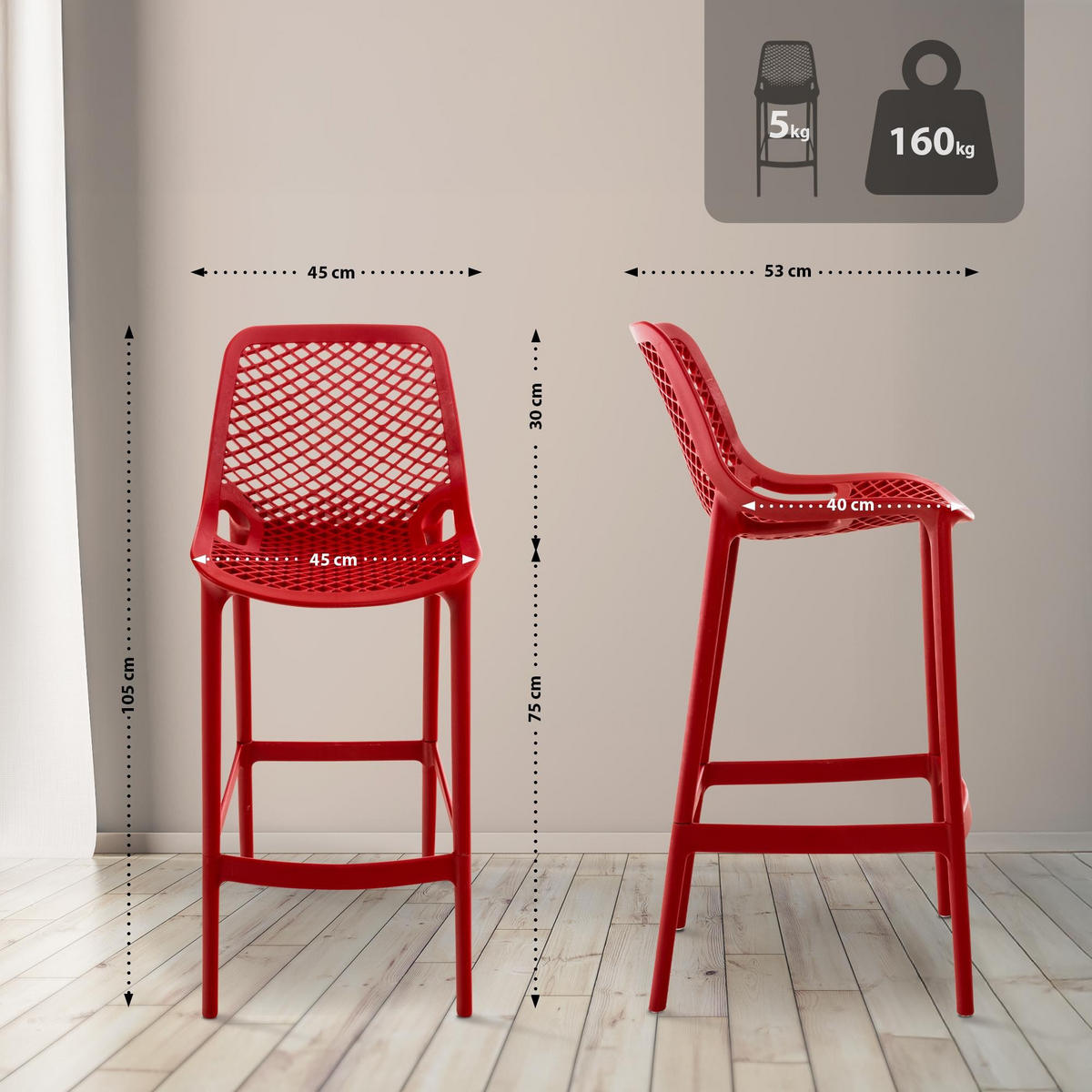 OUTDOOR Barhocker Air 105x45x53 cm rot - Rot, Kunststoff (45/105/53cm) - furnicato
