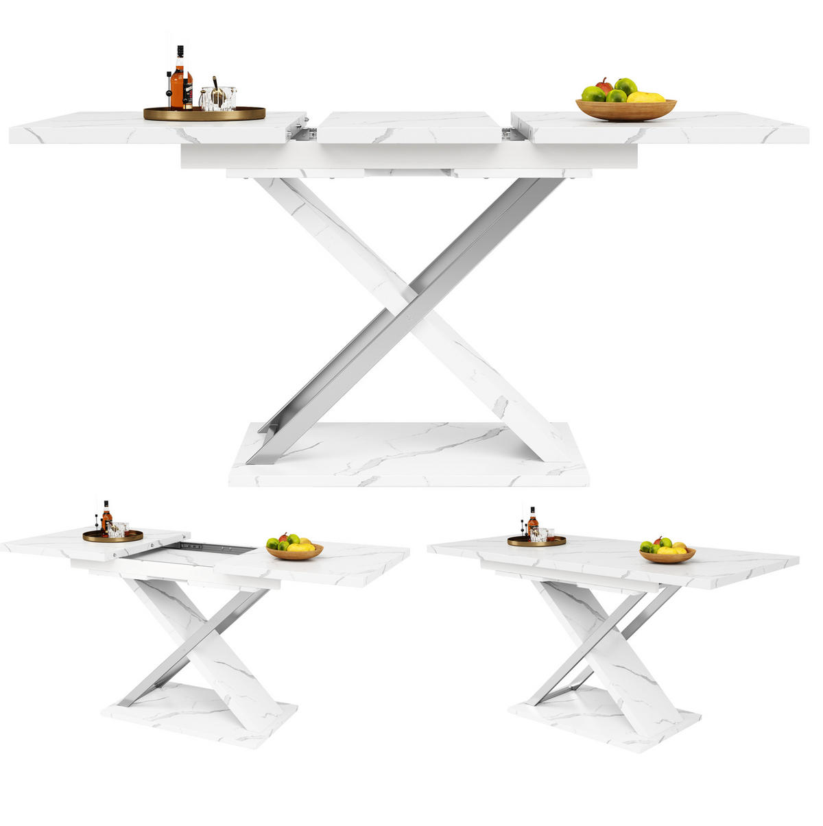 ESSTISCH 118-157x75x76 cm in Weiß aus MDF mit Marmoroptik auf Kreuzgestell ausziehbar - Weiß, Holzwerkstoff (157/75/76.4cm) - Modfu