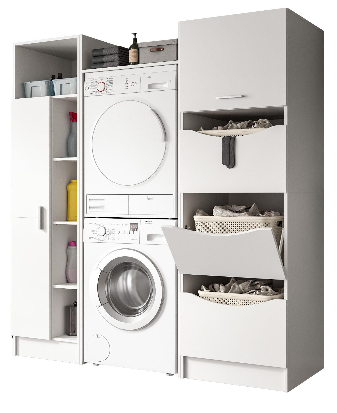 WASCHMASCHINENSCHRANK weiß Set 3-teilig 176 cm, Waschmaschinenumbau mit Stauraum - Silberfarben/Weiß, Glas/Holzwerkstoff (176/195/68cm) - Inn.Furn
