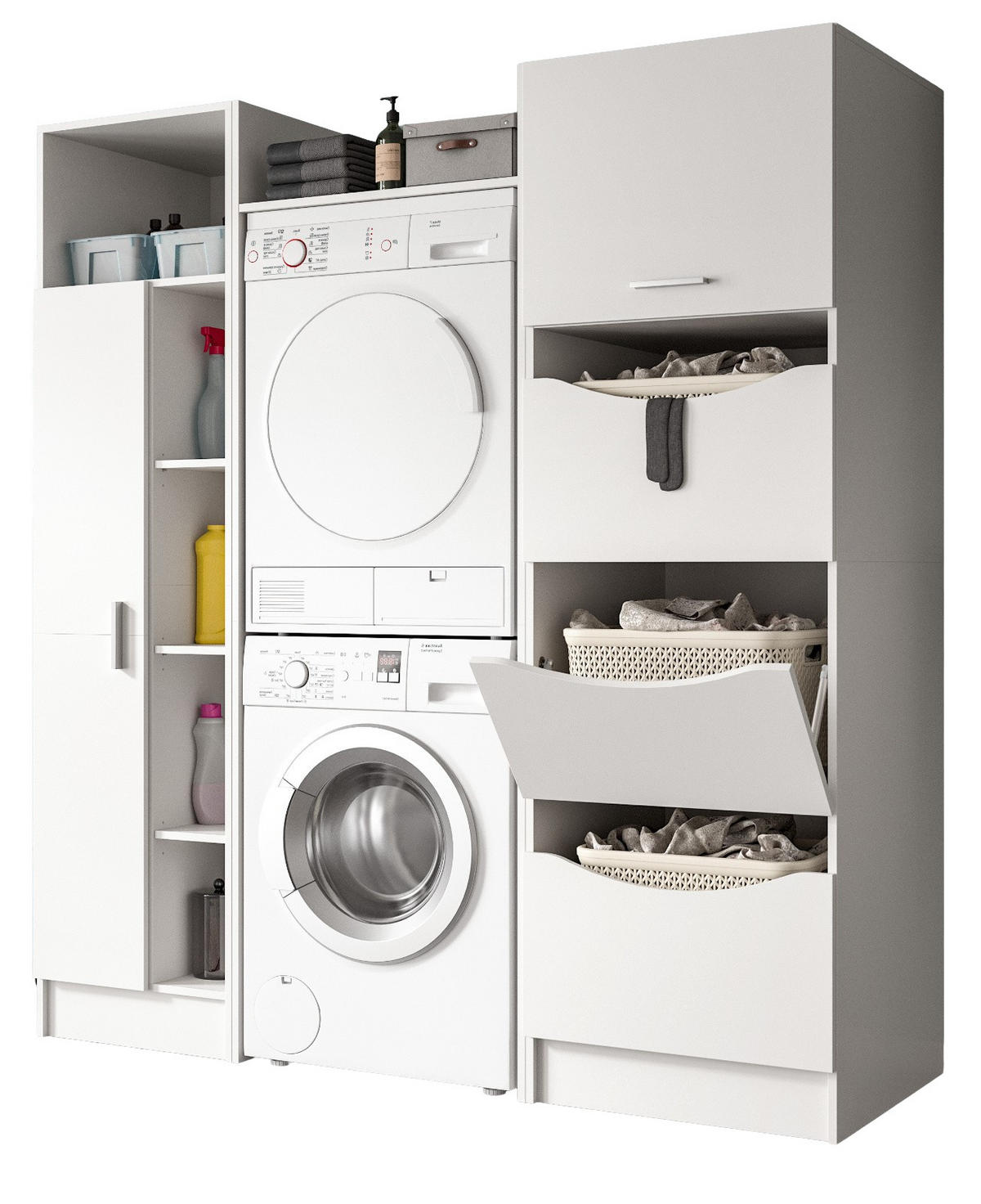 WASCHMASCHINENSCHRANK weiß Set 3-teilig 176 cm, Waschmaschinenumbau mit Stauraum - Silberfarben/Weiß, Glas/Holzwerkstoff (176/195/68cm) - Inn.Furn