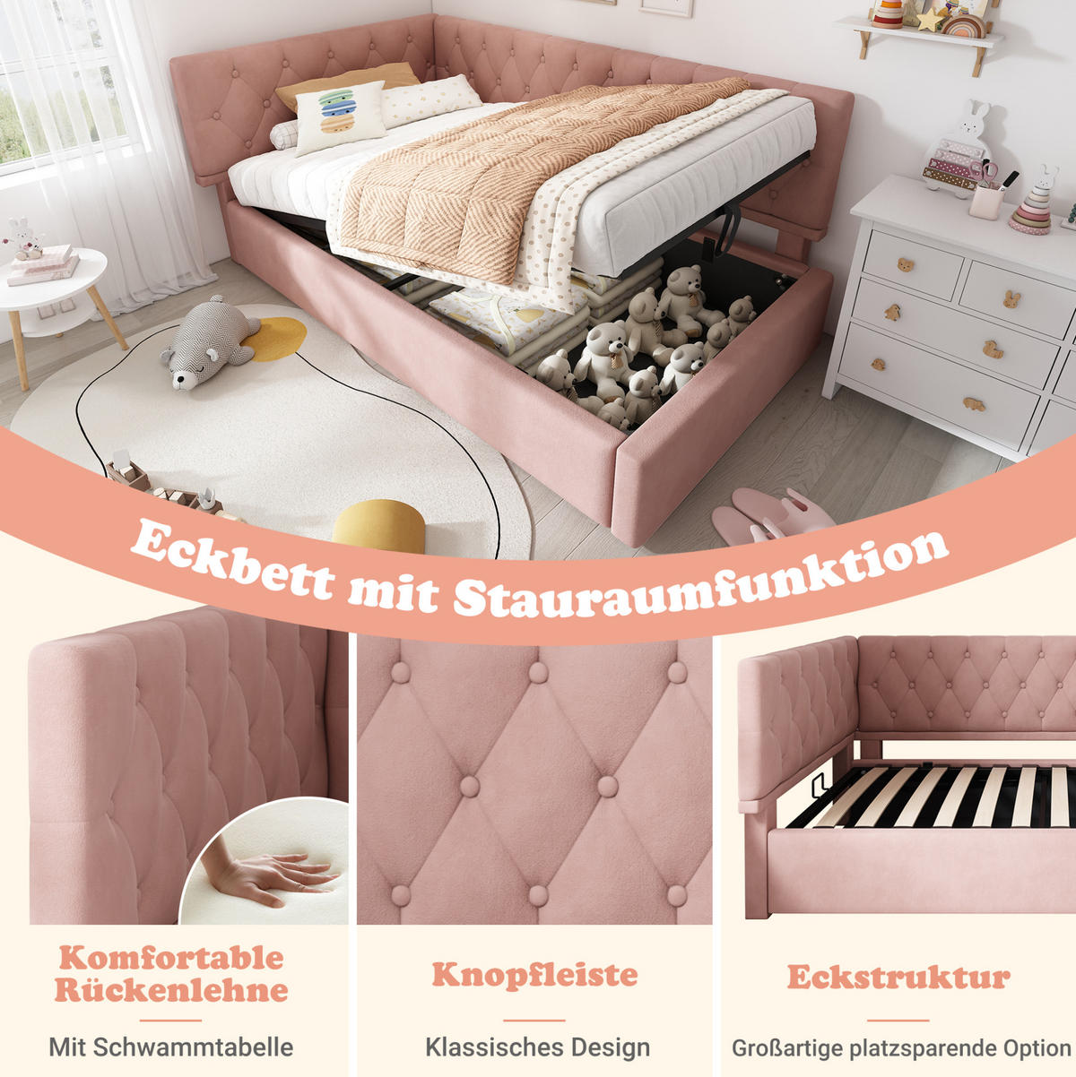 POLSTERBETT 90/200 cm mit hydraulischem Bettkasten, L-förmiges Kopfteil, Rosa - Rosa, Textil (90/200cm) - Redom