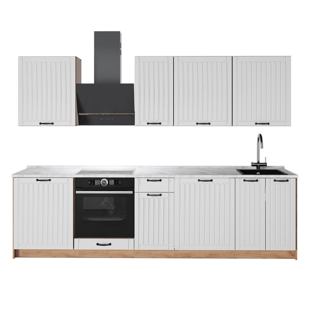 KÜCHENZEILE Fame-Line, Weiß Landhaus/Goldkraft Eiche, 280 cm, AP Marmor - Honigeiche/Weiß, Holzwerkstoff (280/206.8/60cm) - Vicco